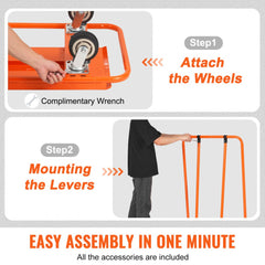 Diagram showing easy assembly of Bostome Drywall Cart: attaching wheels with wrench in step 1 and mounting levers in step 2.