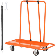 Orange steel drywall cart with 3000 lbs capacity, 45.28" x 21.8" deck, and 5" swivel wheels.