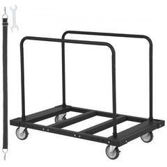 Black steel drywall cart with 1800 lbs capacity, 45x29 deck, 5-inch swivel wheels, wrench, and strap.