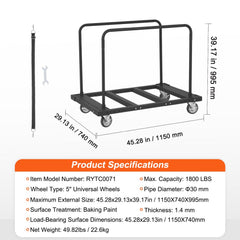 Black steel drywall cart with 45x29-inch deck, 1800 lbs capacity, and 5-inch swivel wheels.