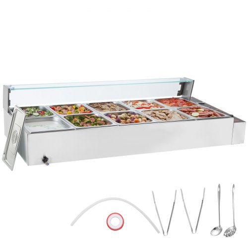 Stainless steel electric food warmer with glass shield and 10 pans for buffet service