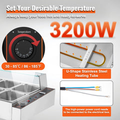 Commercial electric food warmer with 10x8Qt stainless steel pans, glass shield, and 3200W U-shaped heating tubes.