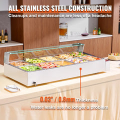Commercial electric food warmer with 10 stainless steel pans and glass shield on countertop