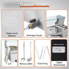 Countertop electric food warmer with 10x8Qt stainless steel pans, glass shield, drainage faucet, and digital thermometer.