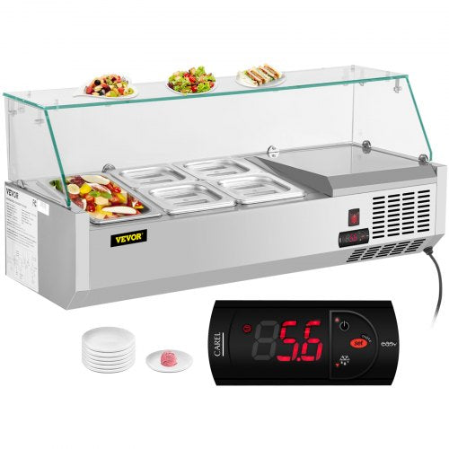Bostome 40-inch refrigerated condiment prep station with stainless steel body and glass shield.