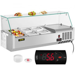 Bostome 40-inch refrigerated condiment prep station with stainless steel body and glass shield.