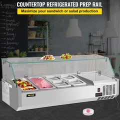 48-inch refrigerated condiment prep station with glass shield and multiple stainless steel pans