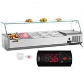 55-inch stainless steel refrigerated condiment prep station with pans of veggies and gelato under glass sneeze guard.