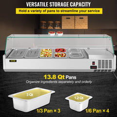 55-inch stainless steel refrigerated condiment prep station with 13.8Qt capacity for seven pans.