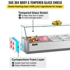 55-inch stainless steel refrigerated condiment prep station with tempered glass shield and storage.