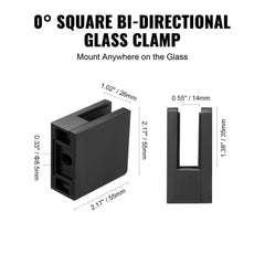 Black square glass clamps made of 304 stainless steel, suitable for various glass thicknesses.