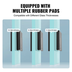 Four stainless steel glass clamps with rubber pads for 8mm, 10mm, and 12mm glass thicknesses.