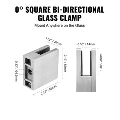 Bostome 304 stainless steel square glass clamps in a 4-pack for 8-12mm glass installations.