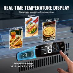 Refrigerated condiment prep station with stainless steel body, glass guard, and digital temperature display showing 39°F.