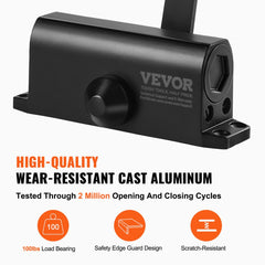 Bostome Automatic Door Closer in black, made of heavy-duty cast aluminum, for 100 lbs doors.