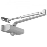 Silver cast aluminum hydraulic door closer with adjustable arm for 100 lbs doors.