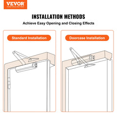 Diagram showing standard and doorcase installation methods for VEVOR hydraulic door closer on a door.