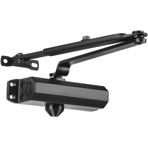 Black cast aluminum automatic door closer with adjustable arm for 150 lbs doors.