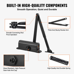 Black cast aluminum automatic door closer with adjustable arm, rocker, and spring components.