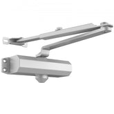 Silver aluminum hydraulic door closer with adjustable arm for 150 lb doors.