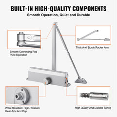 Silver cast aluminum hydraulic door closer with rocker arm, spring, and gear axle components.