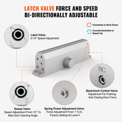 Silver hydraulic cast aluminum automatic door closer with adjustable valves for latch, sweep, speed, and backcheck.