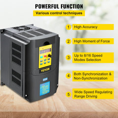 Black Bostome 4KW VFD inverter with yellow display and control buttons on a wooden surface.