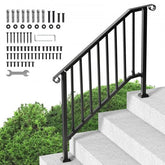 Black carbon steel outdoor handrail with an elegant arch design for 3-4 steps.