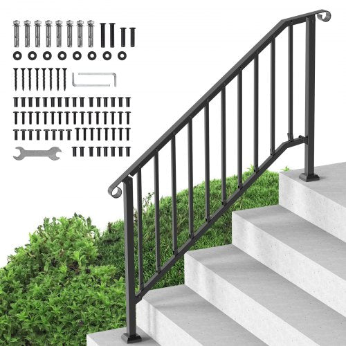 Black carbon steel outdoor handrail with a retro arch design for 5-6 step staircases.