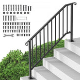 Black carbon steel outdoor handrail with a retro arch design for 5-6 step staircases.