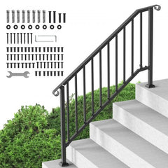 Black carbon steel outdoor handrail with a retro arch design for 5-6 step staircases.