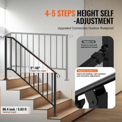Black carbon steel outdoor handrail with a retro arch design for 5-6 step installation.