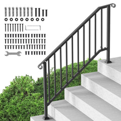 Black carbon steel outdoor handrail with retro arch design for 5-6 steps, ensuring safety.