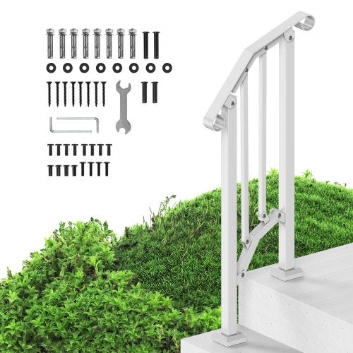White retro arch handrail for 1-2 outdoor steps, with mounting hardware and green foliage backdrop.