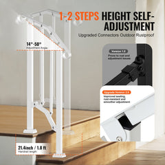 White retro arch handrail for 1-2 outdoor porch steps with adjustable angle.