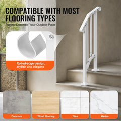 White retro arch handrail for 1-2 outdoor porch steps, compatible with concrete, wood, tile, and marble flooring.
