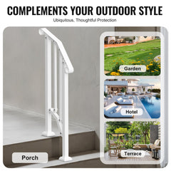 White retro arch handrail for 1-2 outdoor porch steps, shown installed on porch, garden, hotel, and terrace.