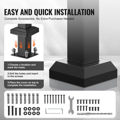 Diagram showing easy installation of black carbon steel handrail for 1-2 step porch with included accessories.