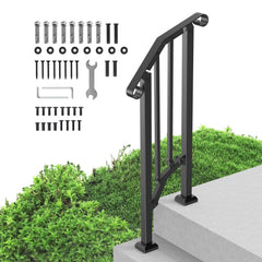 Black carbon steel handrail for 1-2 step outdoor porch, with mounting hardware and adjustable angle.