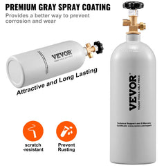 Gray-coated 5-pound aluminum CO2 tank with CGA320 valve and protective features.