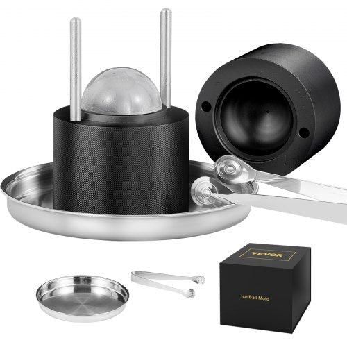 A black aluminum ice ball press kit with tongs, a drip tray, and a box.
