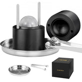 A black aluminum ice ball press kit with tongs, a drip tray, and a box.