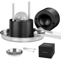 A black aluminum ice ball press kit with tongs, a drip tray, and a box.
