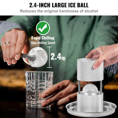 Bostome 2.4-inch ice ball press kit made of aircraft aluminum with tongs and drip tray.