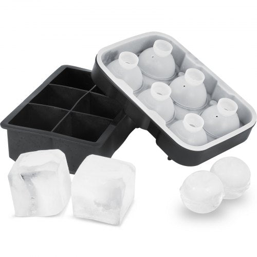 Bostome silicone ice cube trays with lids, featuring sphere and large square molds.