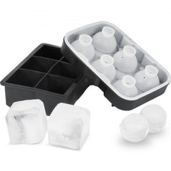 Bostome silicone ice cube trays with lids, featuring sphere and large square molds.