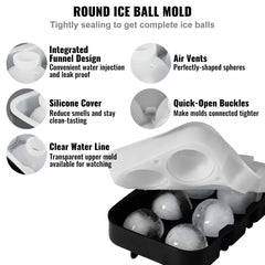 Silicone ice cube trays set with sphere and large square molds, includes lids for easy storage.