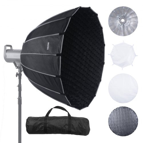 Bostome 33-inch parabolic softbox with quick fold, Bowens mount, diffusers, and carry bag.