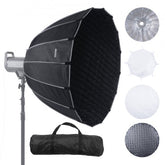 Bostome 33-inch parabolic softbox with quick fold, Bowens mount, diffusers, and carry bag.