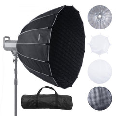Bostome 33-inch parabolic softbox with quick fold, Bowens mount, diffusers, and carry bag.